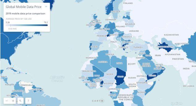 Χάρτης με τιμές ίντερνετ στον κόσμο